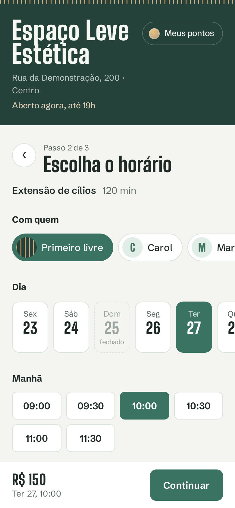 Agendamento de extensão de cílios com escolha de profissional, dia e horário